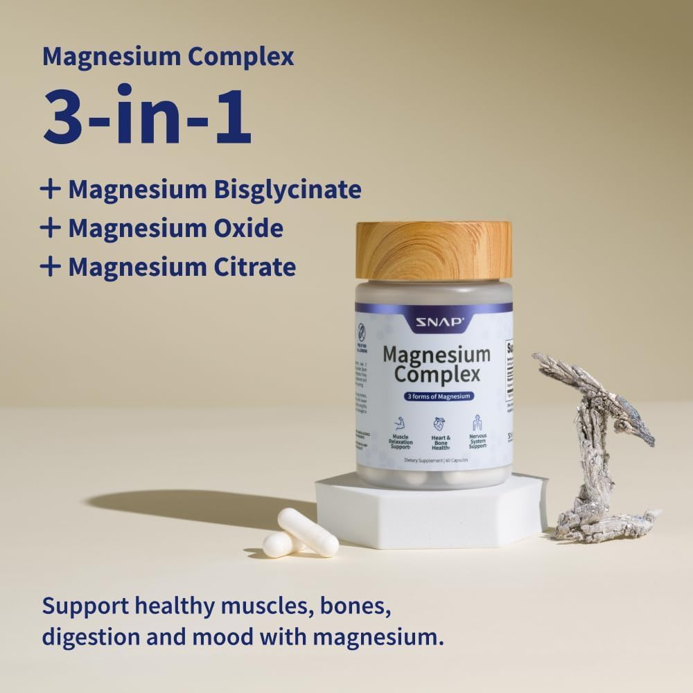 Snap Supplements Triple Magnesium Complex for Women & Men, 60 Capsules | 3-in-1 Magnesium Supplement: Bisglycinate, Citrate & Oxide, Sleep & Muscle Support, Chelated for High-Absorption, Vegan