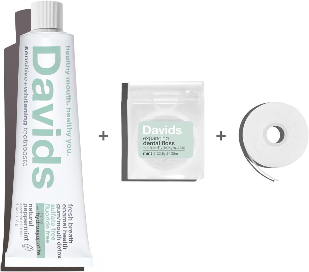 Davids Nano Hydroxi Toothpaste and Floss Bundle, Remineralize Enamel, Sensitive Relief & Teeth Whitening - Antiplaque, Fluoride Free, SLS Free, Peppermint, 4oz, Made in USA