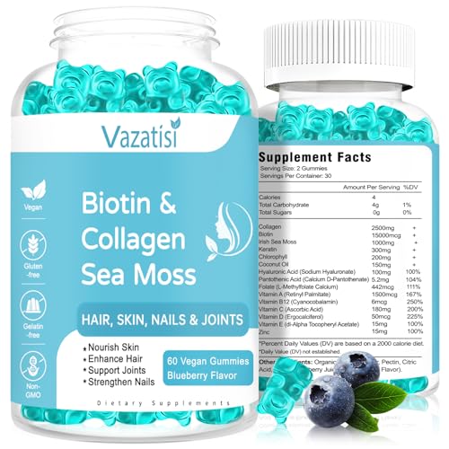2 Pack Biotin Gummies 15000mcg with Collagen, Sea Moss, Chlorophyll & Keratin for Hair 