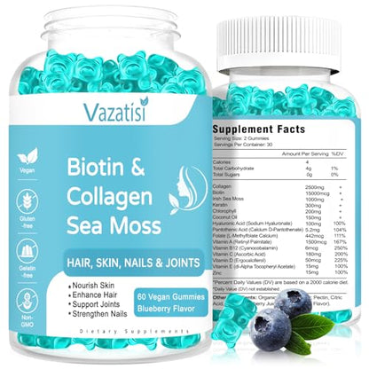 2 Pack Biotin Gummies 15000mcg with Collagen, Sea Moss, Chlorophyll & Keratin for Hair 