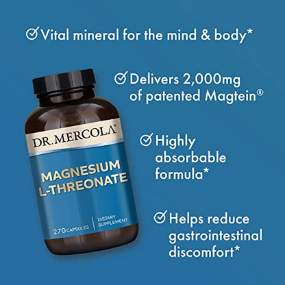 Dr. Mercola Magnesium L-Threonate, 90 Servings (270 Capsules), Dietary Supplement