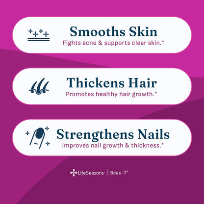 LifeSeasons Beau-T - Hair, Nail & Skincare Supplement - Promotes Healthy Hair and Nail Growth - Support Clear Skin & Fights Acne - Nail Strengthener - Contains Biotin Collagen Turmeric - 90 Capsules