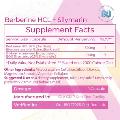 Nootropics Depot Berberine HCL + Silymarin Capsules | 500mg + 90mg | 180 Count