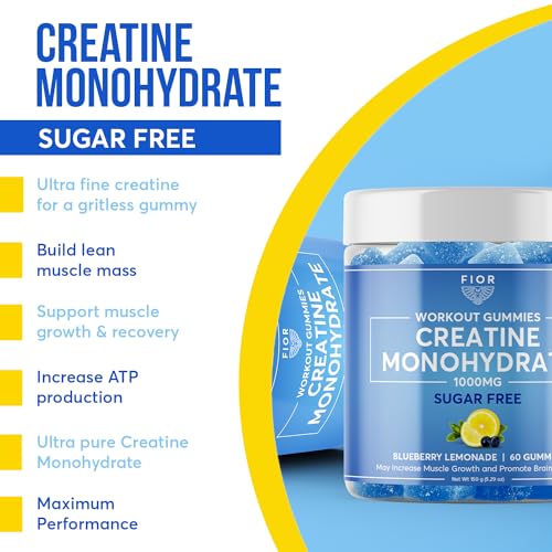 FIOR Sugar-Free Creatine Gummy - Best Creatine Monohydrate Chewable, 60 Count