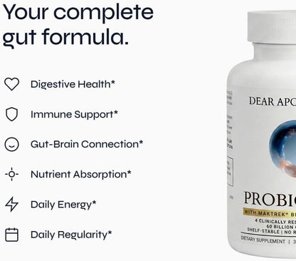Probiotic 60 Billion CFU 4 Strains with MAKTREK Bi-Pass Technology, Lactobacillus Acidophilus, Prebiotic Fiber, Digestive & Gut Health Support, 60 Capsules