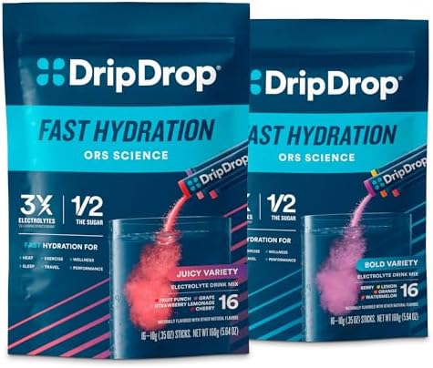 DripDrop Hydration Bold & Juicy Variety Bundle Electrolyte Packets, 32 Ct | Grape, Fruit Punch, Strawberry Lemonade, Cherry, Watermelon, Berry, Lemon, Orange; Single Serve Powder Drink Mix
