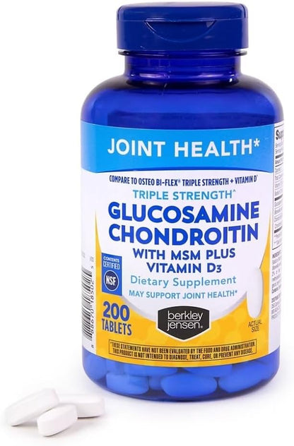Berkley Jensen Glucosamine Chondroitin Triple Strength Complex with MSM and D3 Joint Supplement Tablets for Joint Support and Cartilages, NSF Certified, 200 Count (Pack of 1)