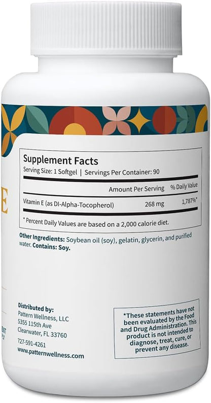Pattern Wellness Vitamin E 400 IU – Supports Antioxidant, Immune & Cellular Health – 90 Softgels, 3rd Party Lab Tested