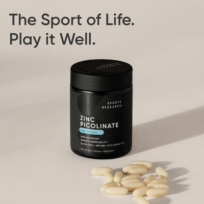 Sports Research High Potency Zinc Picolinate 30mg with Organic Coconut Oil | Highly Absorbable Zinc Supplement for Healthy Immune & Enzyme Function - Non-GMO Tested & Gluten-Free (90 Liquid Softgels)
