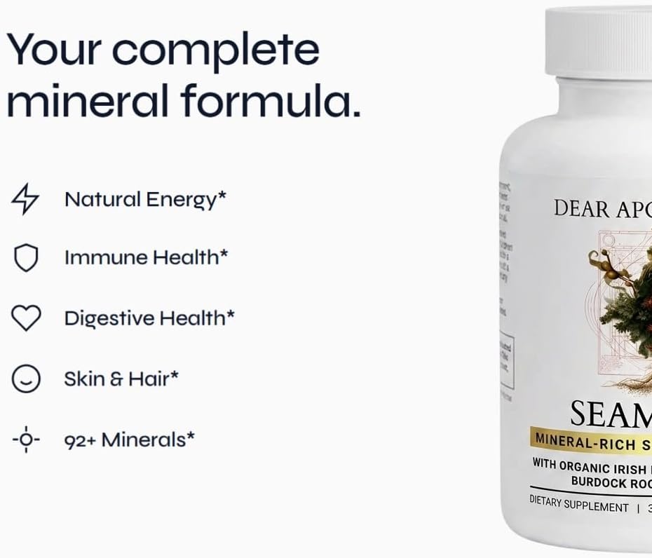Organic Seamoss+ - Irish Moss 500mg, Bladderwrack 500mg, Burdock Root 400mg with BioPerine - Non-GMO, Made in USA - 60 Capsules (30-Day Supply)