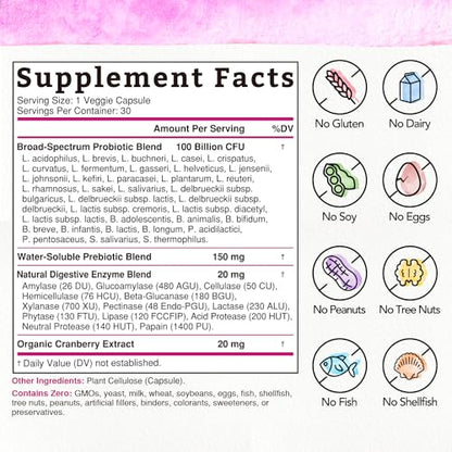 Bonawell Probiotics for Women 100B, with Organic Prebiotic, Cranberry for Feminine Health