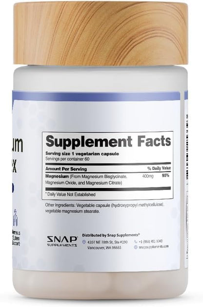 Snap Supplements Triple Magnesium Complex for Women & Men, 60 Capsules | 3-in-1 Magnesium Supplement: Bisglycinate, Citrate & Oxide, Sleep & Muscle Support, Chelated for High-Absorption, Vegan