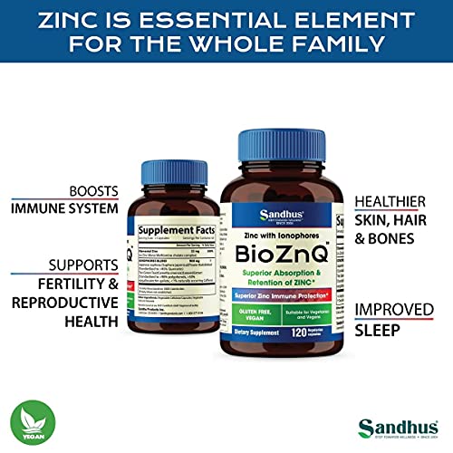 Sandhu's BioZnq 900mg Vegetarian Capsules Zinc Supplement with Quercetin