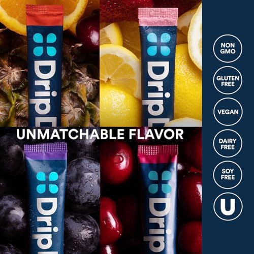 DripDrop Hydration Juicy Sunburst Variety Bundle Electrolyte Packets, 32 Ct | Grape, Fruit Punch, Strawberry Lemonade, Cherry, Lemon Lime, Strawberry, Peach, Black Cherry; Single Serve Powder Drink Mix