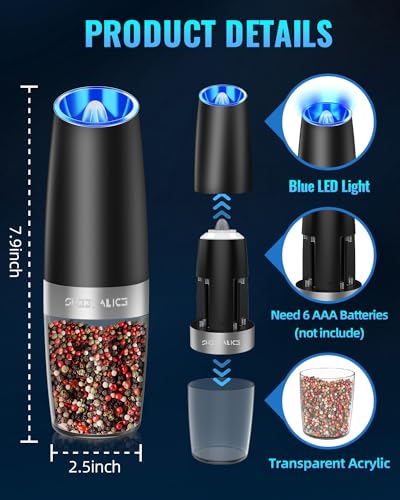 Gravity Electric Pepper and Salt Grinder Set, Adjustable Coarseness, Battery Powered