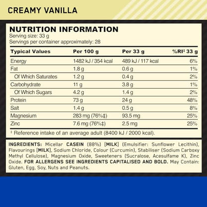 Optimum Nutrition Gold Standard 100% Casein Slow Digesting Protein Powder with Zinc