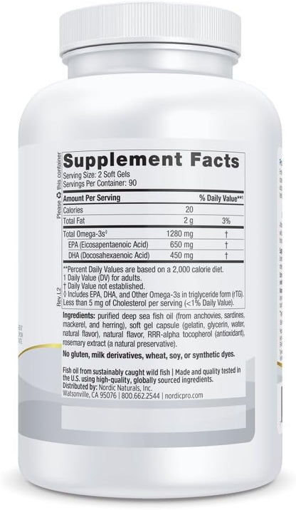Nordic Naturals ProOmega, 1280 mg Omega-3, High Potency, Lemon, 90 Count | High Potency Fish Oil with EPA & DHA - Promotes Brain, Eye, Heart, & Immune Health - Non-GMO -90 servings