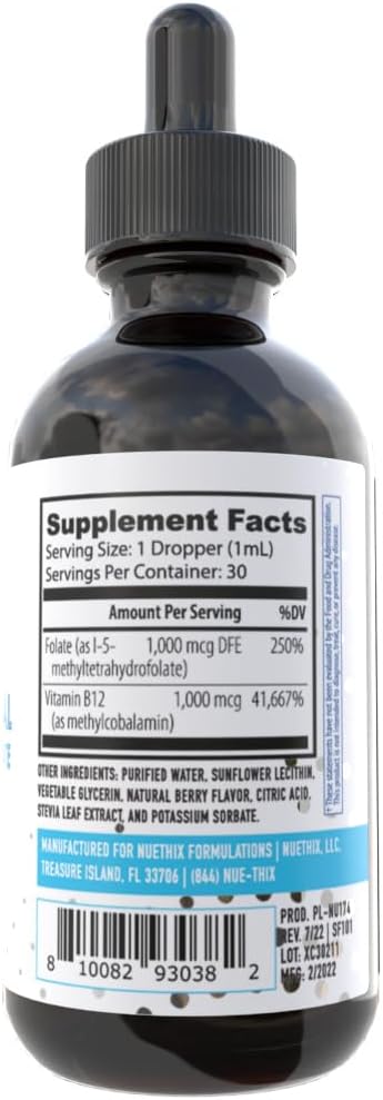 NuEthix Formulations B12 Liposomal with Methyl Folate Dietary Supplement, Bioactive B Vitamins to Support an Optimal Metabolism, 1 Fluid Ounce, 30 Servings