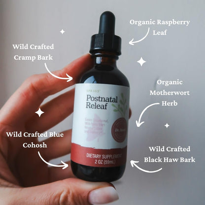 SPRIGS Postnatal Releaf, 2 Oz | After-Birth Contractions Support Tincture | Herbal Drops with Red Raspberry Leaf, Black Haw Bark, Blue Cohosh & Motherwort Herb | Natural Postpartum Recovery Products