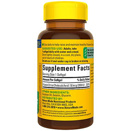 Nature Made Vitamin D3 2000 IU (50 mcg), Dietary Supplement for Bone, Teeth, Muscle