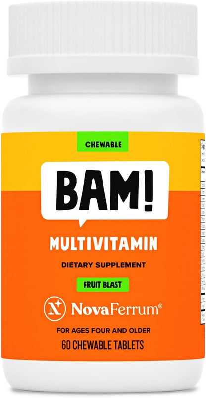 NovaFerrum BAM Chewable Multivitamin for Kids & Adults Ages 4 and Above - Fruit Blast Flavor - 60 Chewable Tablets - with Vitamins A, C, D, E, B6, B12, Biotin, Zinc, Selenium & Manganese