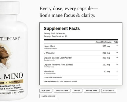 Clear Mind Nootropic Brain Support for Focus + Memory + Clarity - Concentration, Energy, Mental Performance - Lion's Mane 500mg Bacopa 200mg Rhodiola L-Theanine - Vegan Non-GMO - 60 Count