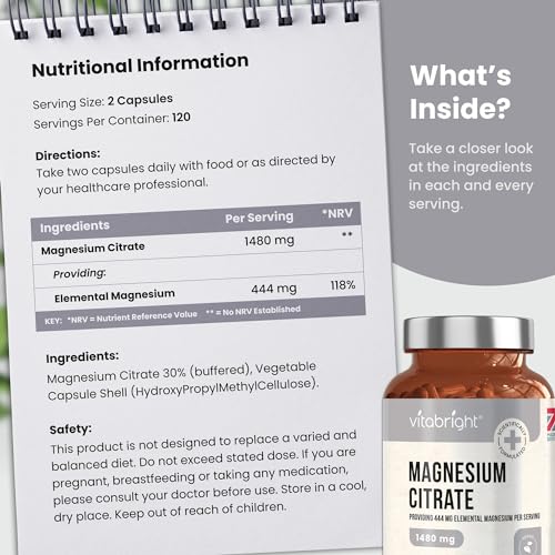 Magnesium Citrate - 1480mg High Strength - 240 Capsules (4 Month Supply) - Vegan
