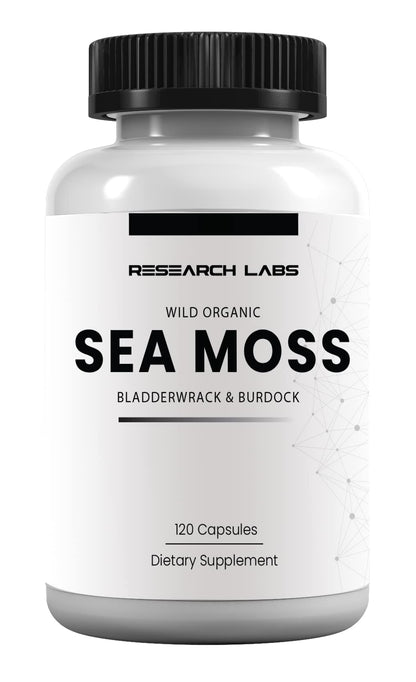 Research Labs 2 Fer 1 Ad Organic Irish Sea Moss Capsules 240 Total Pills, Raw Wildcrafted Seamoss Enhanced w/Bladderwrack & Burdock Root Antioxidant Powerhouse. Thyroid Support