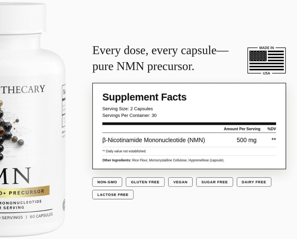 NMN 500mg - Nicotinamide Mononucleotide NAD+ Precursor Supplement, 60 Capsules, 30 Servings, Vegan, Non-GMO, Gluten Free, Made in USA