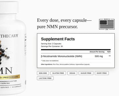 NMN 500mg - Nicotinamide Mononucleotide NAD+ Precursor Supplement, 60 Capsules, 30 Servings, Vegan, Non-GMO, Gluten Free, Made in USA