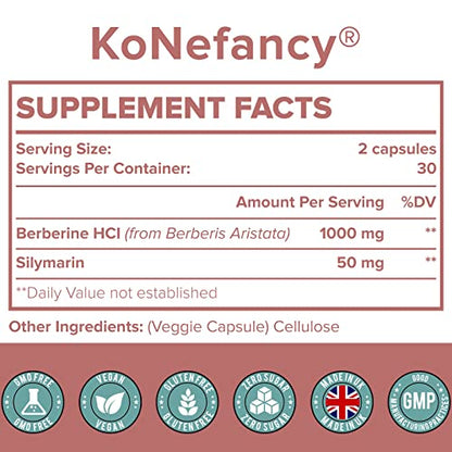 KoNefancy Berberine HCL Supplement 1000mg, High Absorption Berberine Plus Vegan Cap