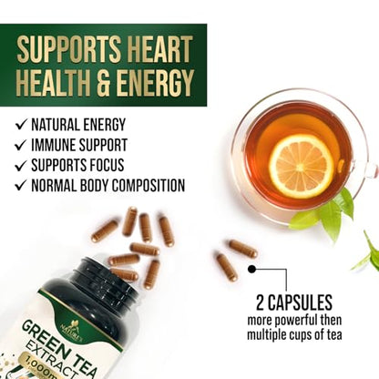 Nature's Green Tea Extract Pills 98% Standardized EGCG 1000mg - 3X Strength for Natural