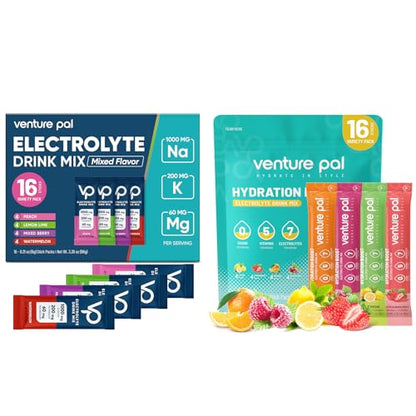 Venture Pal Electrolyte Powder Variety Pack – Sugar-Free Hydration Mix with High Sodium & Daily Vitamins | Keto, Vegan, Paleo Friendly | Zero Calories | 16+16 Sticks