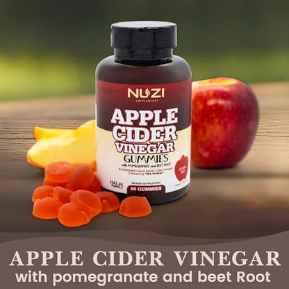 NUZI Apple Cider Vinegar Gummies with Pomegranate & Beetroot | 500 mg | Certified Halal