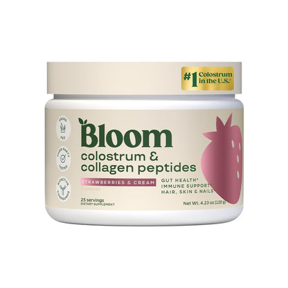 Bloom Nutrition Bovine Colostrum Powder, Strawberries & Cream, 25 Servings | Gut Health, Immune Support, Hair Growth & Beauty Supplement, Gluten Free, Sugar Free