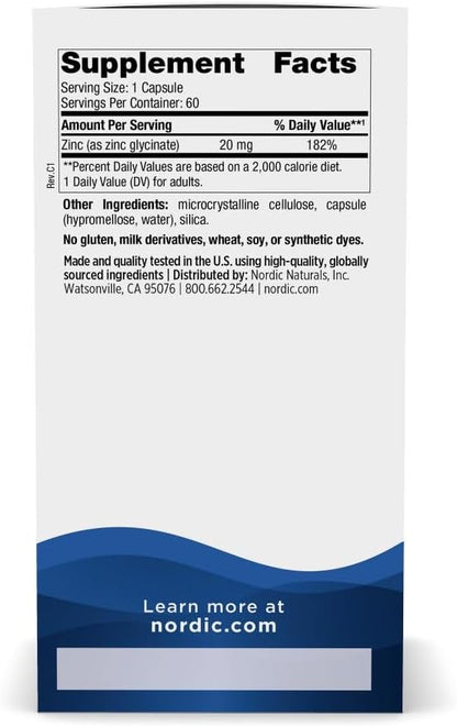 Nordic Naturals Zinc Glycinate 20mg, Highly Absorbable Supplements, 60Count | Highly absorbable zinc glycinate supports immune health & optimal wellness. Non-GMO, gluten-free, vegan. 60 servings.