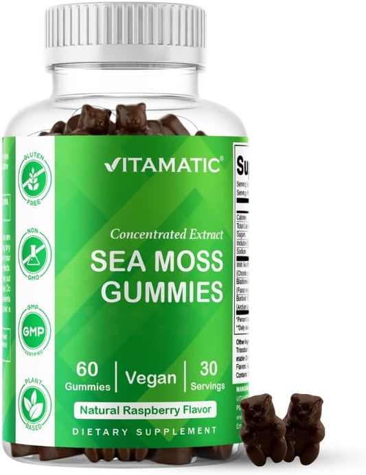 Vitamatic Sea Moss Gummies with Bladderwrack & Burdock, 60 Gummies | Premium Botanical Blend for Immune Support*, Natural Raspberry Flavor, Vegan, Non-GMO, Gluten Free.