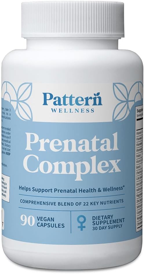 Pattern Wellness Prenatal Complex for Women – Prenatal Vitamin with DHA, Folate, Iron, Probiotics & Biotin – Support from Preconception to Postpartum - 90 Capsules