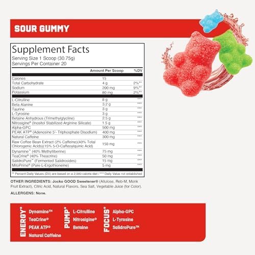 Jocko Fuel Preworkout Pro Series, Sour Gummy, Elite Performance Energy, Focus, Pump Formula, 300mg Natural Caffeine, L-Citrulline, Alpha GPC, L-Tyrosine, Peak ATP, High Intensity Training, 20 Servings