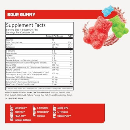 Jocko Fuel Preworkout Pro Series, Sour Gummy, Elite Performance Energy, Focus, Pump Formula, 300mg Natural Caffeine, L-Citrulline, Alpha GPC, L-Tyrosine, Peak ATP, High Intensity Training, 20 Servings