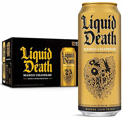 Liquid Death Flavored Sparkling Water with Agave, Mango Chainsaw, 16.9 oz Tallboys 