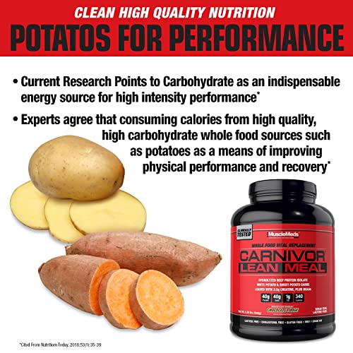 MuscleMeds CARNIVOR LEAN MEAL whole food meal replacement shake, MRE, beef protein isolate, white potato, sweet potato, 40g protein, 40 g carbs, lactose free, sugar free, Chocolate Fudge 20 servings