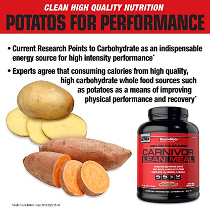 MuscleMeds CARNIVOR LEAN MEAL whole food meal replacement shake, MRE, beef protein isolate, white potato, sweet potato, 40g protein, 40 g carbs, lactose free, sugar free, Chocolate Fudge 20 servings