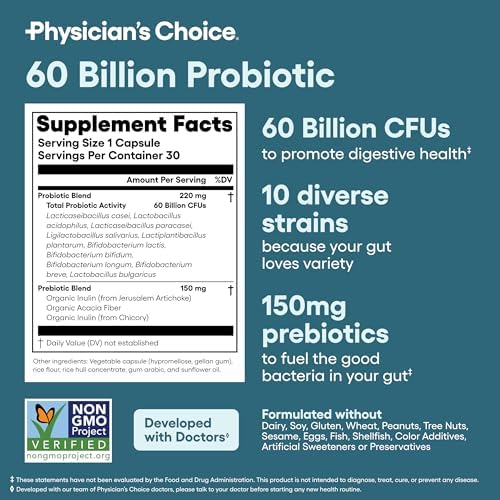 Physician's CHOICE Complete Gut Health Bundle for Bloating, Digestive Health, Immune, & GLP-1 Support - 60 Billion Probiotic 30CT + Digestive Enzymes 90CT + Easy Mix Fiber Powder 30CT