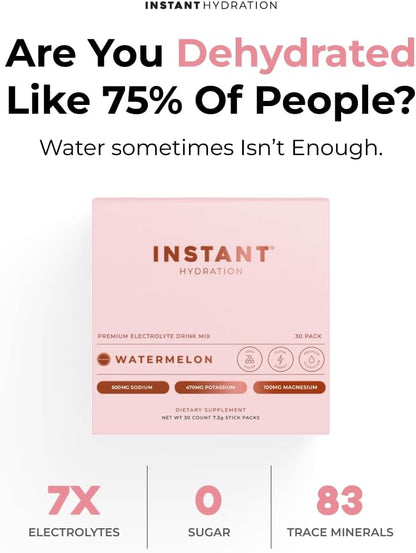 Instant Hydration Electrolytes Powder Packets - Watermelon Electrolyte Drink Mix - Zero Sugar - Keto, Vegan, Gluten-Free, Non-GMO - Boost Recovery, Brain Health, Muscle & Tissue Support- 30 Sticks