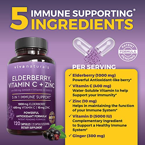 Viva Naturals Elderberry with Vitamin C and Zinc for Adults - 5 in 1 Sambucus Black