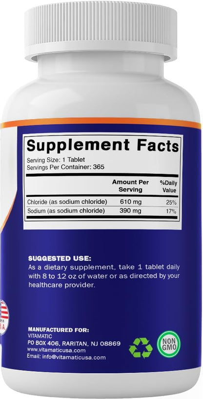 Vitamatic Sodium Chloride 1000mg – 365 Tablets Electrolyte Replenisher & Hydration Support – Non-GMO, Gluten-Free