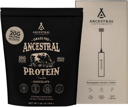 Ancestral Supplements Colostrum Bundle & Frother Wand – Grass Fed, Pasture Raised Organ Blend with Bioactive Colostrum, Rechargeable Electric Frother Wand (Double Whisk, Stainless Steel)