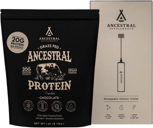 Ancestral Supplements Colostrum Bundle & Frother Wand – Grass Fed, Pasture Raised Organ Blend with Bioactive Colostrum, Rechargeable Electric Frother Wand (Double Whisk, Stainless Steel)