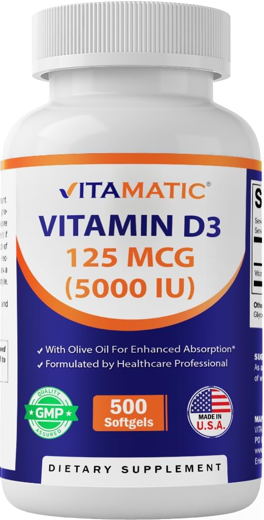 Vitamatic Vitamin D3 5000 IU (125 mcg), 500 Softgels, Made in USA | Olive Oil-Based Formula, Cold Pressed, 500 Day Supply, Support Immune Health*, Non GMO, Gluten Free